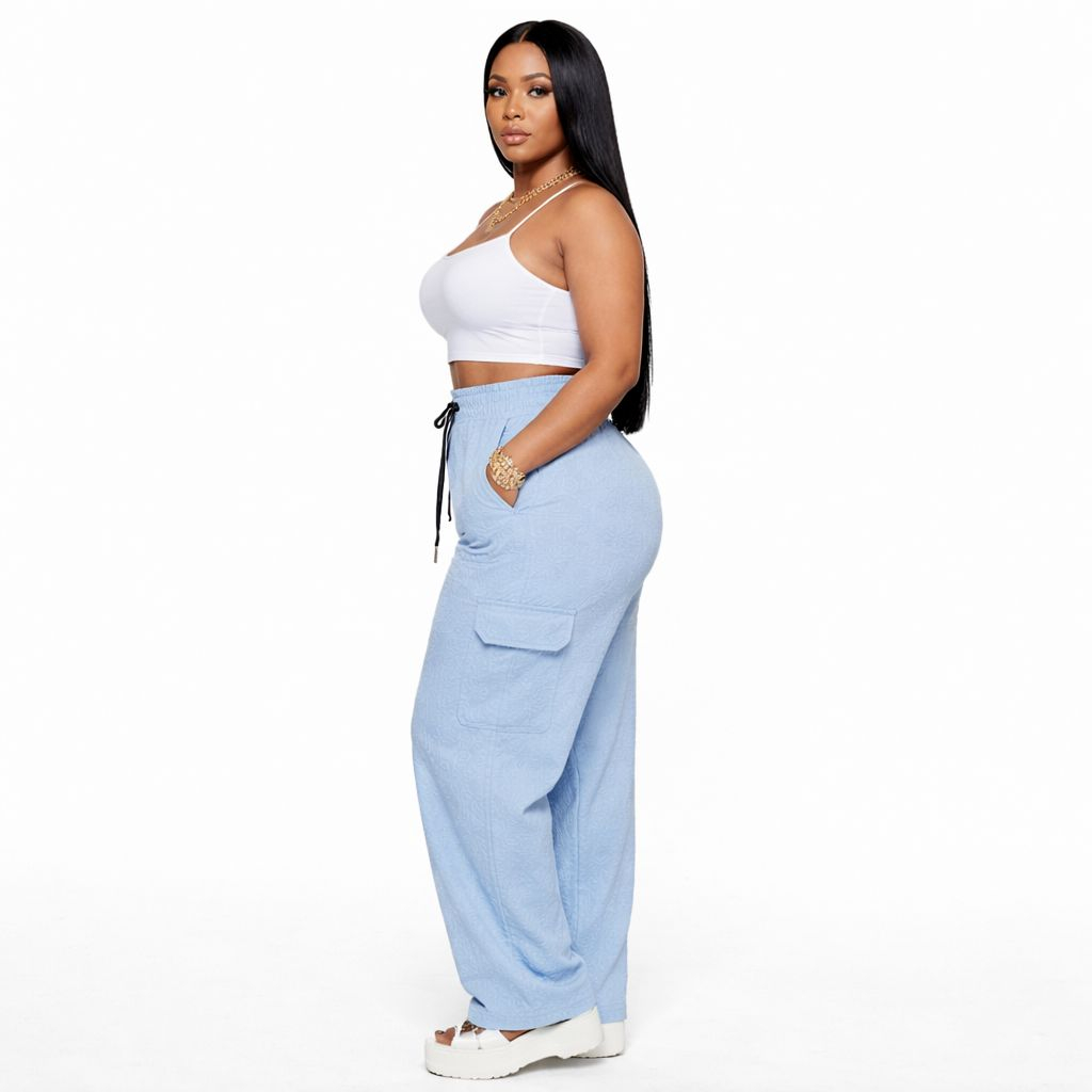 Light Blue Textured Cargo Pants  Drawstring Waist Casual Trousers